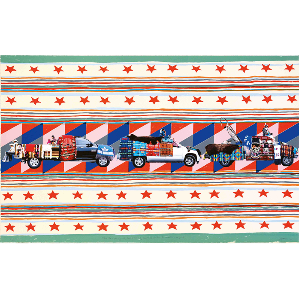 A colorful artwork showing three pickup trucks loaded with assorted goods, set against patterned stripes and rows of red stars