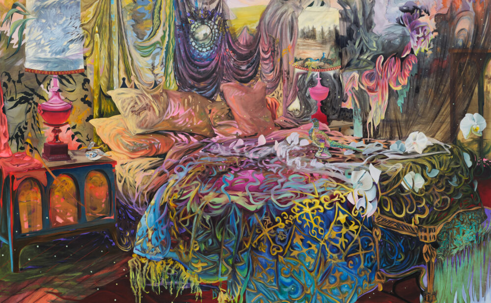 Colorful surreal painting of a richly patterned bed in an ornate room, with draped fabrics, glowing lamps, flowers, and dreamlike organic details filling the scene.