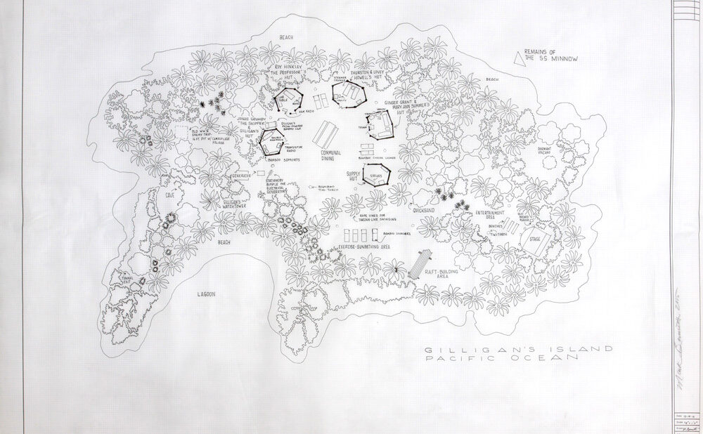 Hand‑drawn map of Gilligan’s Island showing beaches, huts, lagoon, and labeled landmarks surrounded by the Pacific Ocean. Mark Bennett, Home of Gilligan (Gilligan’s Island), 2015, India ink and graphite on vellum, 24 x 36 inches, Gift of the Mark and Hilarie Moore Collection  UR77.2025