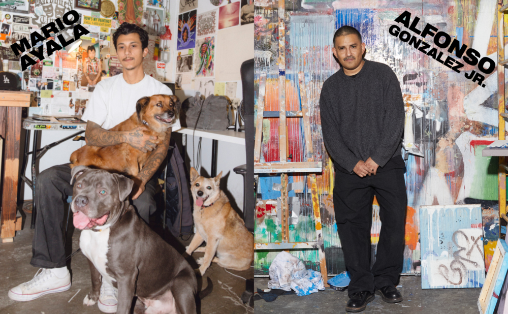 Split-screen portrait banner featuring two artists in their creative workspaces. On the left, a person sits in a sticker- and poster-covered studio holding a small brown dog, with two additional dogs in the foreground and background. Large black text reads “MARIO AYALA.” On the right, a person stands in front of a colorful, paint-splattered studio wall surrounded by canvases and easels. Large black text reads “ALFONSO GONZALEZ JR.” The image has a candid, documentary-style aesthetic highlighting artists