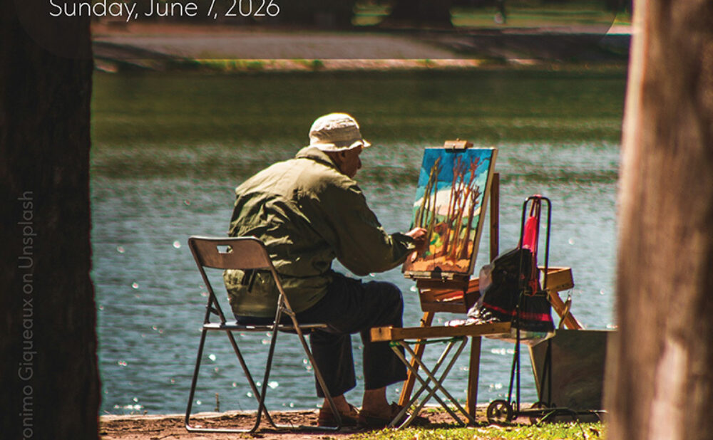 Outdoor plein air painter seated beside a lake, painting on an easel, with text reading “Lake Arrowhead Plein Air Celebration & Art Sale, Sunday, June 7, 2026.”