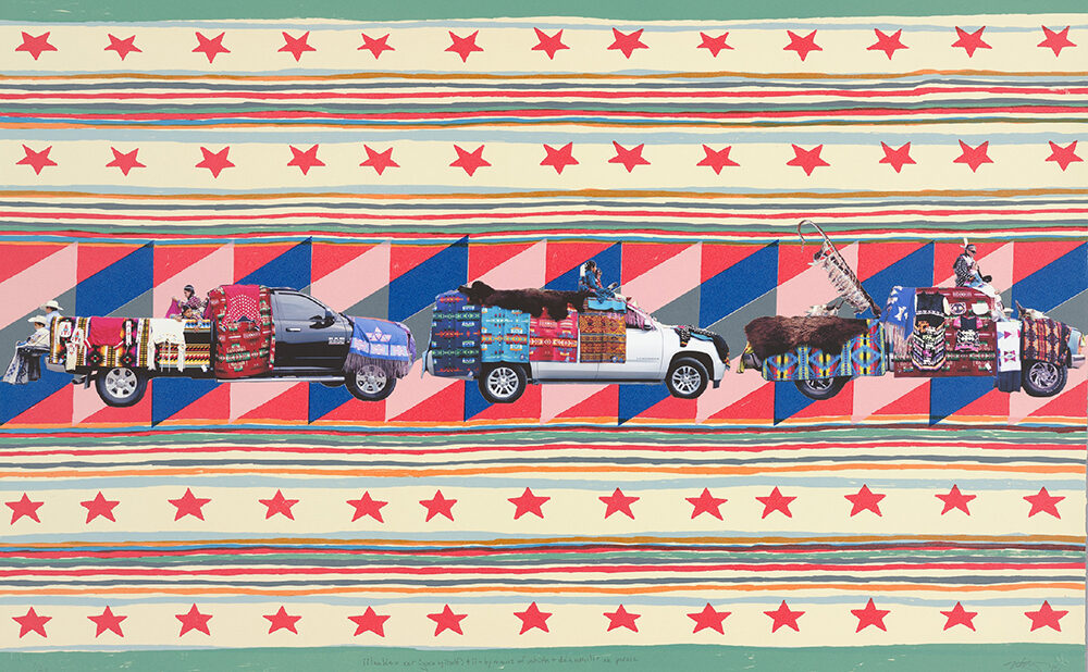 A colorful artwork showing three pickup trucks loaded with assorted goods, set against patterned stripes and rows of red stars