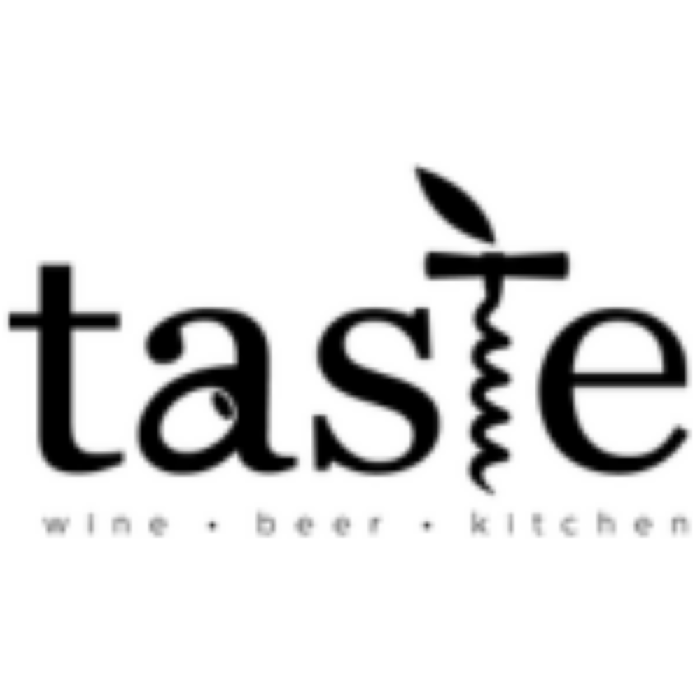 Logo for Taste, Wine, Beer, Kitchen. The logo, as an olive in the open space on the letter A and the T, is a corkscrew.