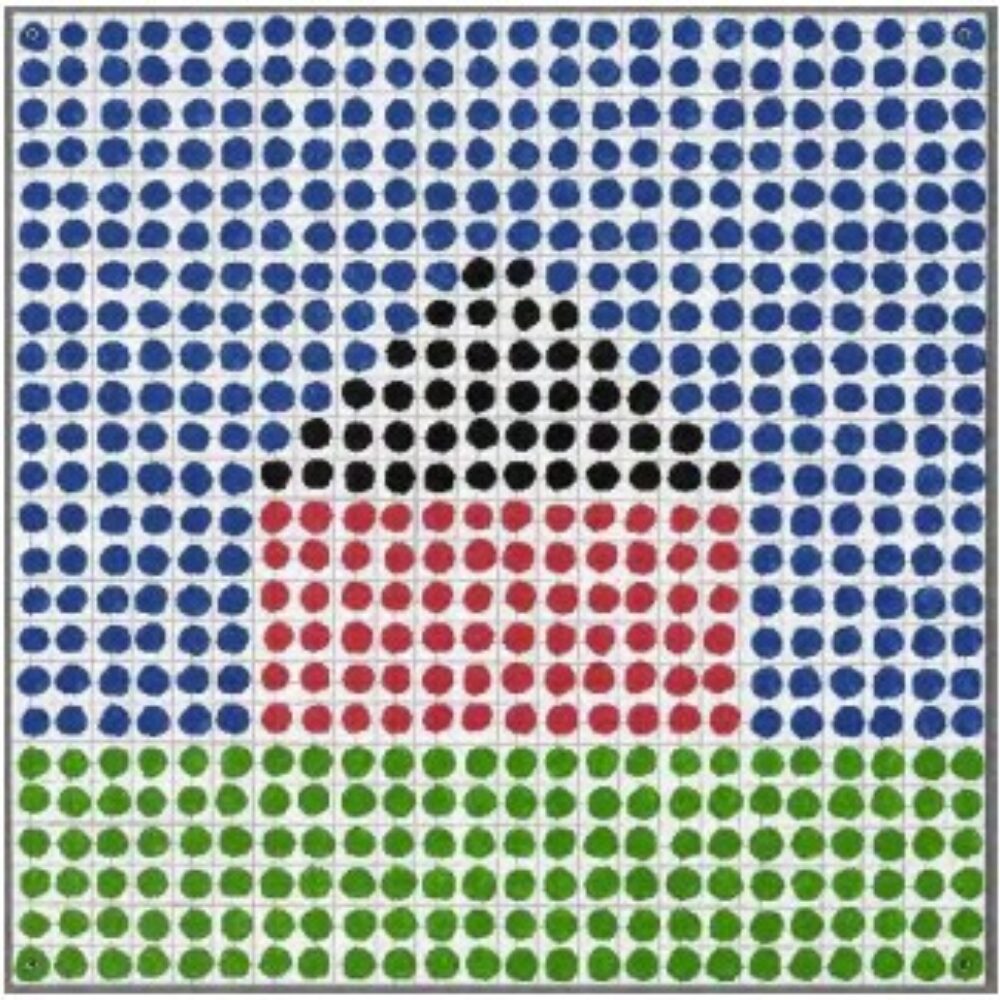 A dot‑mosaic of a house with a red base, black roof, green ground, and blue sky. Jennifer Bartlett, House, 2003, screenprint on enameled steel, edition PP 2/4, 12 x 12 inches, Published by Brand X Editions, Long Island City, NY, Collection of Jordan D. Schnitzer