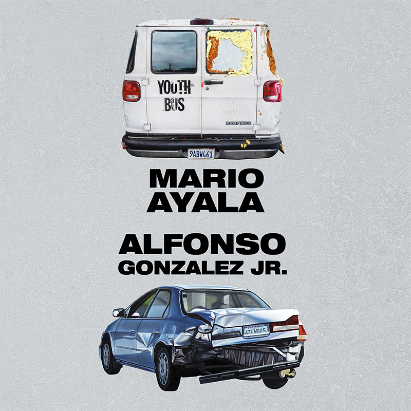 Graphic featuring a white van and a damaged blue car on a textured light gray background, with bold black text reading “Mario Ayala” and “Alfonso Gonzalez Jr.” between the two vehicles.