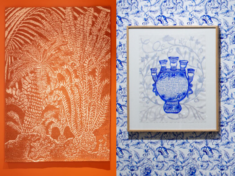 Two side-by-side artworks: an orange textured foliage piece on the left and a blue-and-white ceramic wall installation on the right.