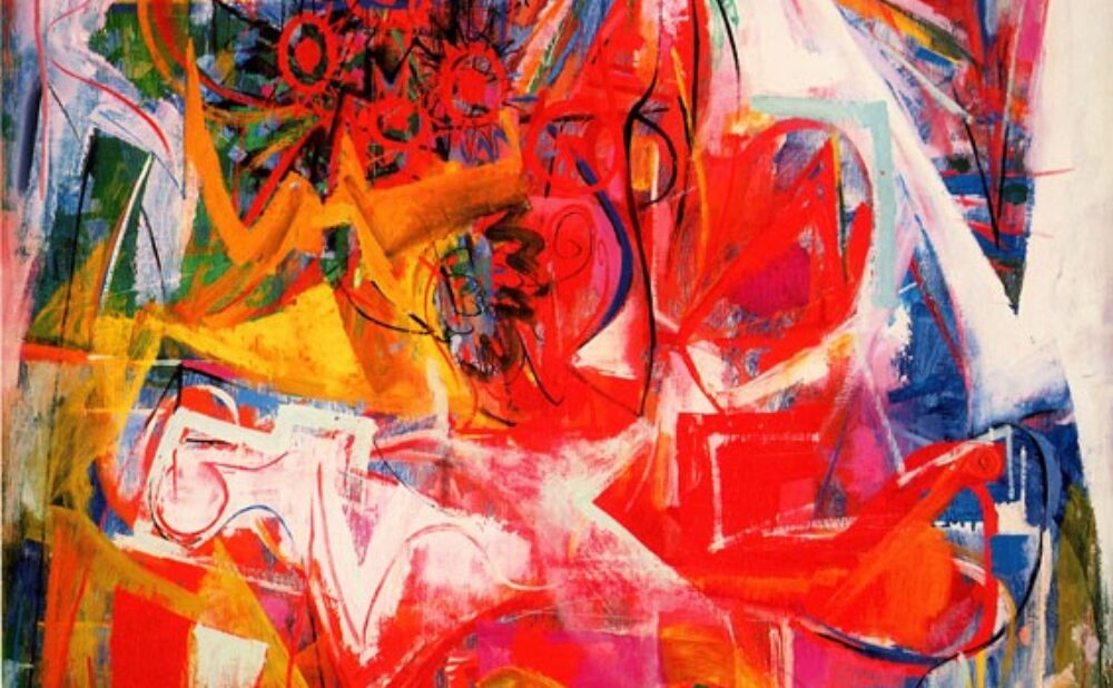 An abstract oil painting by Byron Browne, highlighting dynamic colors and organic shapes reminiscent of flowers.
