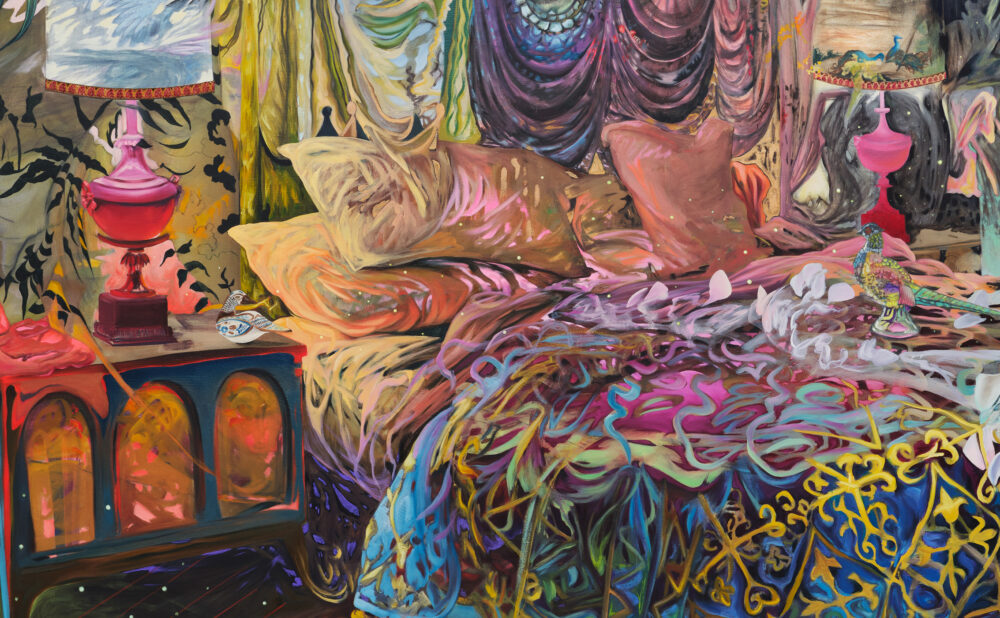 Colorful surreal painting of a richly patterned bed in an ornate room, with draped fabrics, glowing lamps, flowers, and dreamlike organic details filling the scene.
