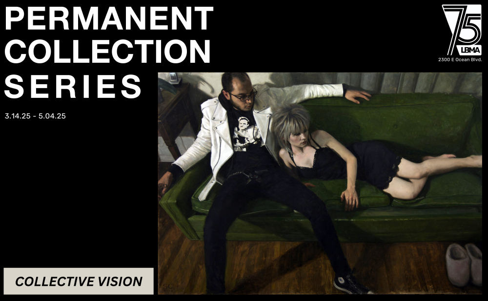 Permanent Collection Series, Collective Vision, is on view from March 14, 2025, through May 04, 2025. The featured artwork displays a man in a white leather jacket sitting on a green couch with a woman in a black nightgown lying beside him.