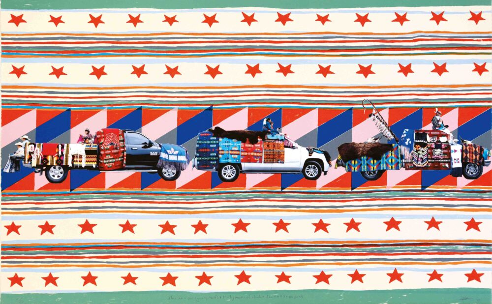 A colorful artwork showing three pickup trucks loaded with assorted goods, set against patterned stripes and rows of red stars