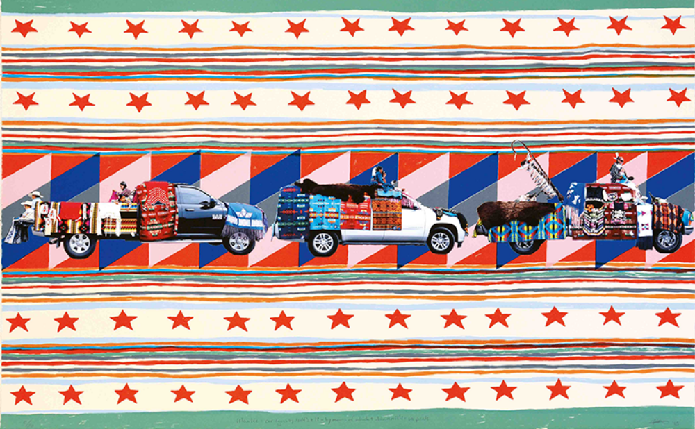 A colorful artwork showing three pickup trucks loaded with assorted goods, set against patterned stripes and rows of red stars