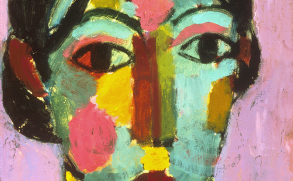 Detail of a colorful abstract portrait of a young girl with expressive eyes, painted in bold strokes of turquoise, yellow, pink, red, and green against a lavender background.