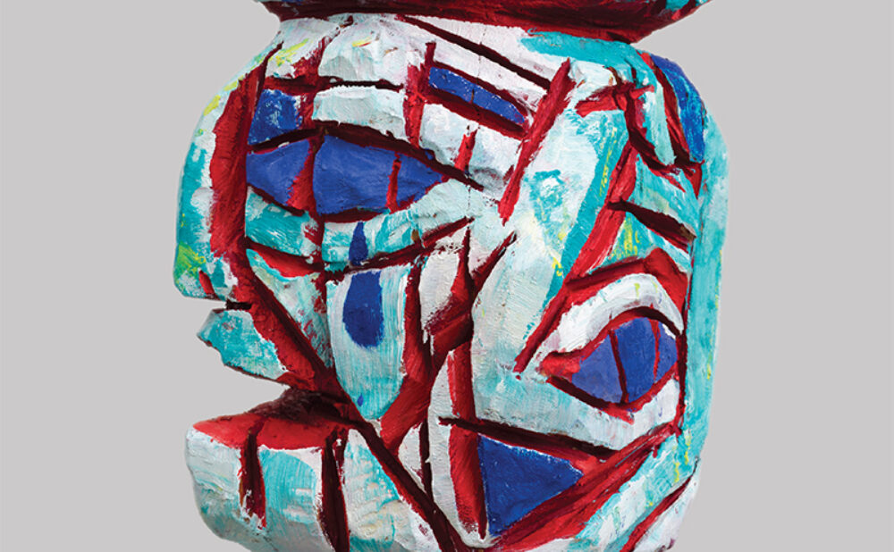 The poster features a detail of Ryan Schneider’s Jester, Fool, or Joker, a stacked figurative sculpture painted with bold red, blue, turquoise, and white abstract shapes against a light gray background.