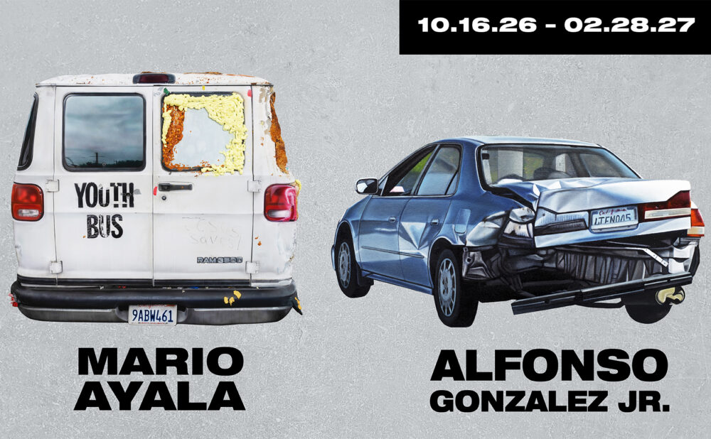 Graphic featuring a white van and a damaged blue car on a textured light gray background, with bold black text reading “Mario Ayala” and “Alfonso Gonzalez Jr.” and date 10.16.26 thru 02.28.27