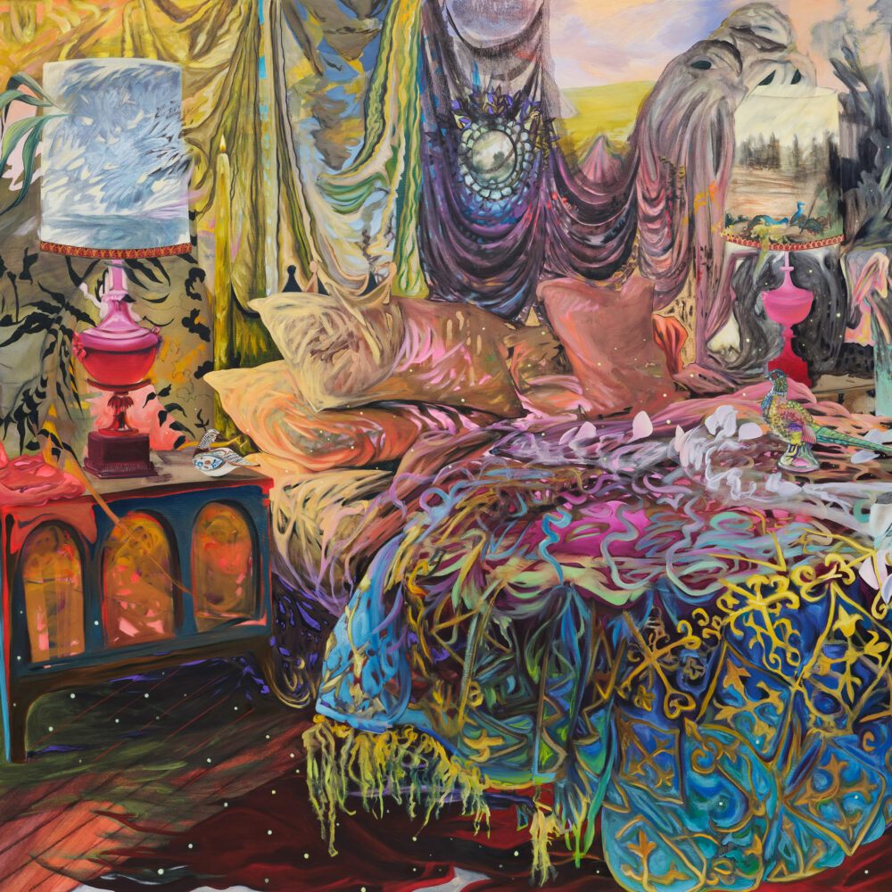 Colorful surreal painting of a richly patterned bed in an ornate room, with draped fabrics, glowing lamps, flowers, and dreamlike organic details filling the scene.