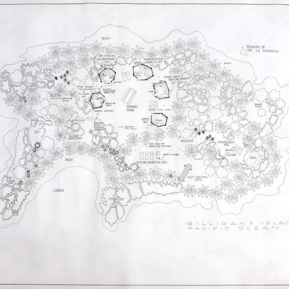 Hand‑drawn map of Gilligan’s Island showing beaches, huts, lagoon, and labeled landmarks surrounded by the Pacific Ocean. Mark Bennett, Home of Gilligan (Gilligan’s Island), 2015, India ink and graphite on vellum, 24 x 36 inches, Gift of the Mark and Hilarie Moore Collection  UR77.2025