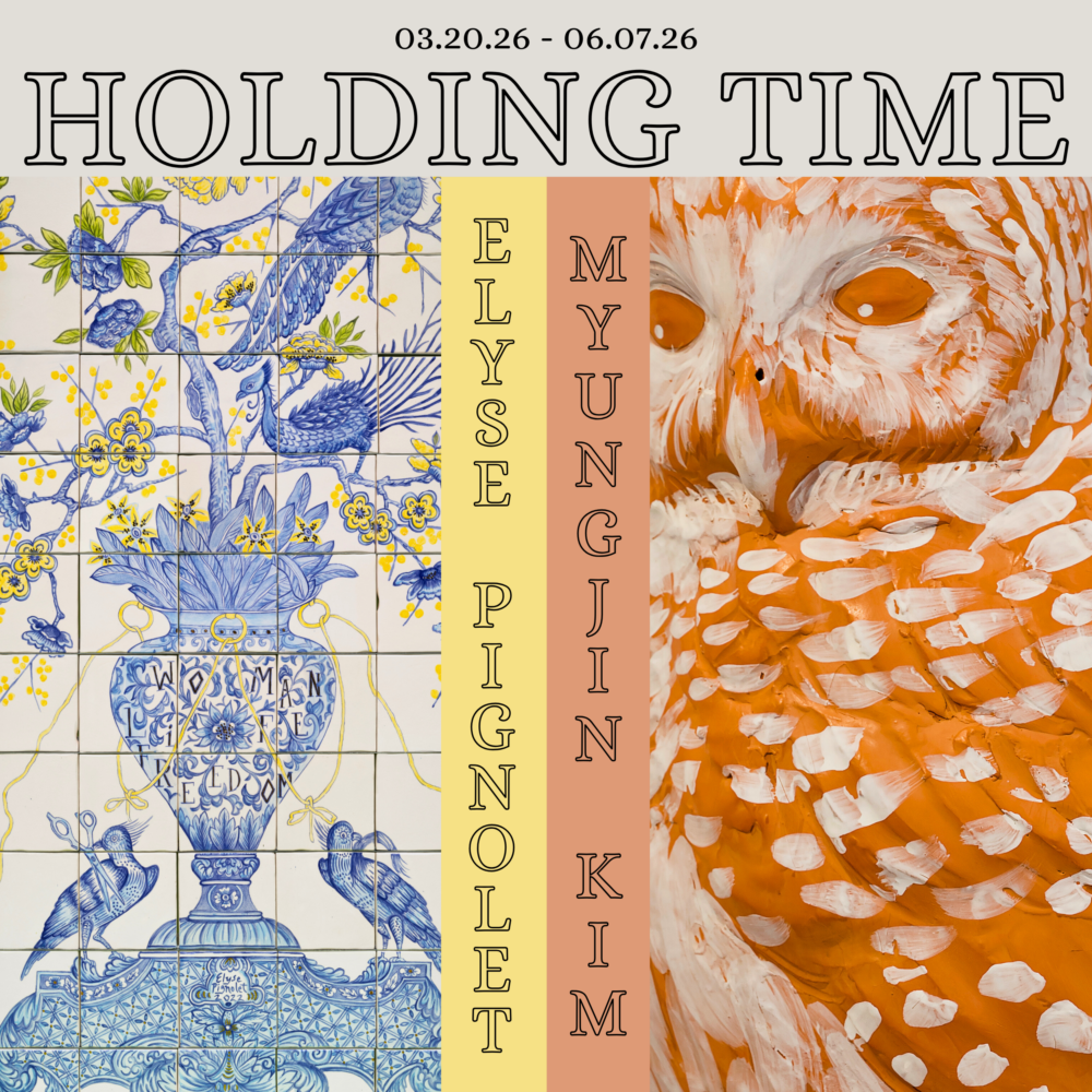 Holding Time: Elyse Pignolet and MyungJin Kim, March 20-June 7, 2026. Image of each artist's work. White tile with blue and yellow paint depicting birds and a vase, a ceramic owl with white accents. Art is listed in order of artist name.