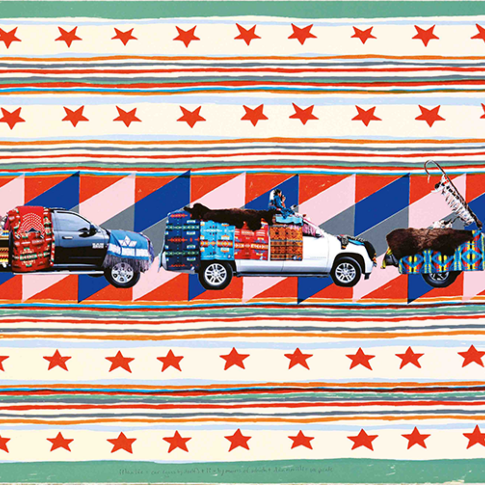 A colorful artwork showing three pickup trucks loaded with assorted goods, set against patterned stripes and rows of red stars