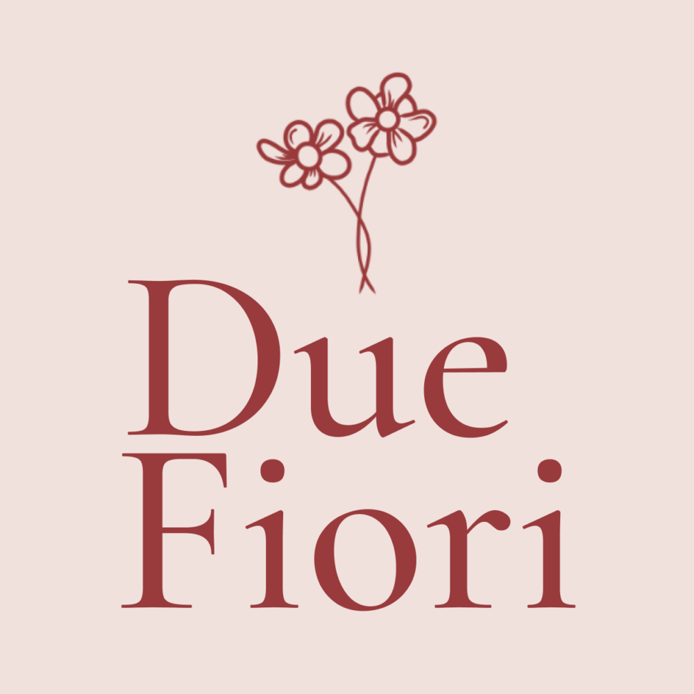 Logo reading ‘Due Fiori’ in an elegant serif font, with a simple line drawing of two flowers above the text on a light blush background.