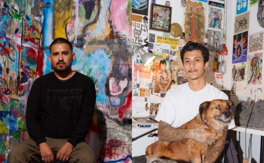 A split portrait of two artists in their studios. On the left, Alfonso Gonzalez Jr. sits in front of a large, colorful abstract painting covered in layered brushstrokes and graffiti-like marks. On the right, Mario Ayala sits in a studio filled with posters, drawings, and personal items on the walls, holding a small brown dog in his lap.
