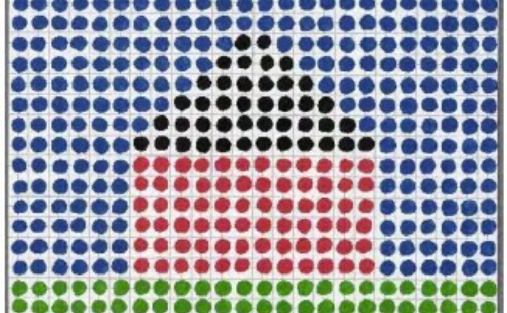 A dot‑mosaic of a house with a red base, black roof, green ground, and blue sky. Jennifer Bartlett, House, 2003, screenprint on enameled steel, edition PP 2/4, 12 x 12 inches, Published by Brand X Editions, Long Island City, NY, Collection of Jordan D. Schnitzer