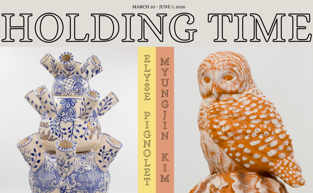 Holding Time: The Works of Elyse Pignolet and MyungJin Kim, March 20-June 7, 2026. White and blue ceramic vase. Terracotta owl with white highlights.