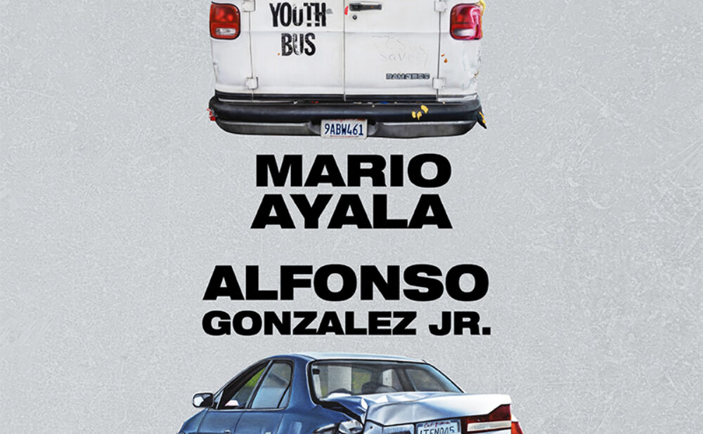 Graphic featuring a white van and a damaged blue car on a textured light gray background, with bold black text reading “Mario Ayala” and “Alfonso Gonzalez Jr.” between the two vehicles.