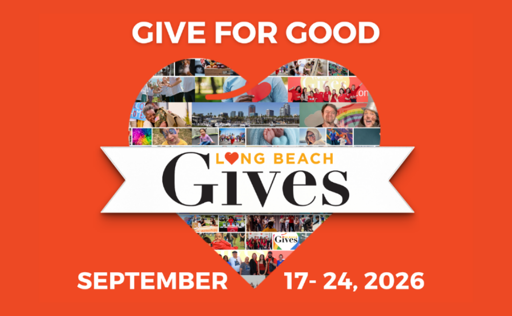Promotional banner with an orange background and the message “GIVE FOR GOOD” at the top. Centered is a heart-shaped collage of community photos overlaid with a white ribbon displaying the “Long Beach Gives” logo. At the bottom, white text reads: “SEPTEMBER 17-24, 2026.” The design promotes the Long Beach Gives charitable giving campaign.