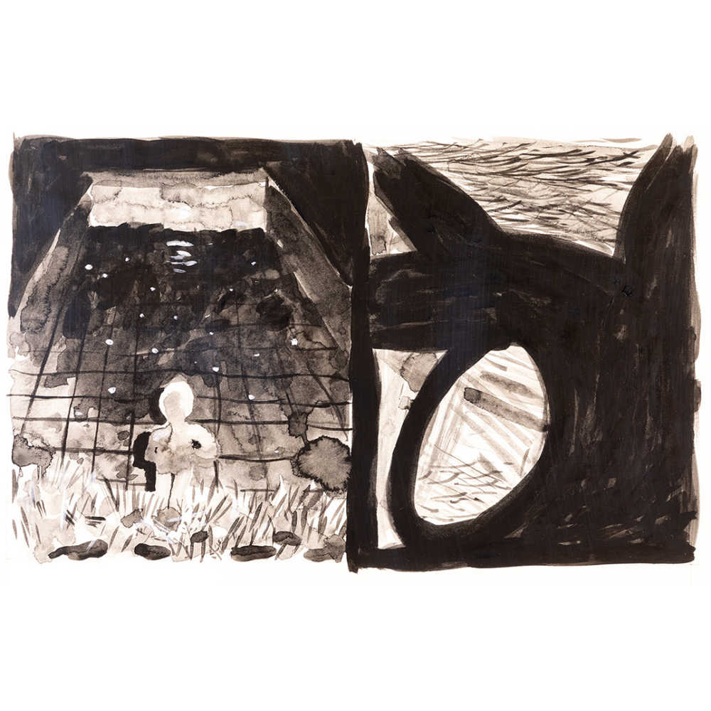 An abstract black-and-white ink drawing depicting a shadowy architectural space with a tiled floor, a small ghostlike figure in the foreground, and bold dark forms framing a circular opening.