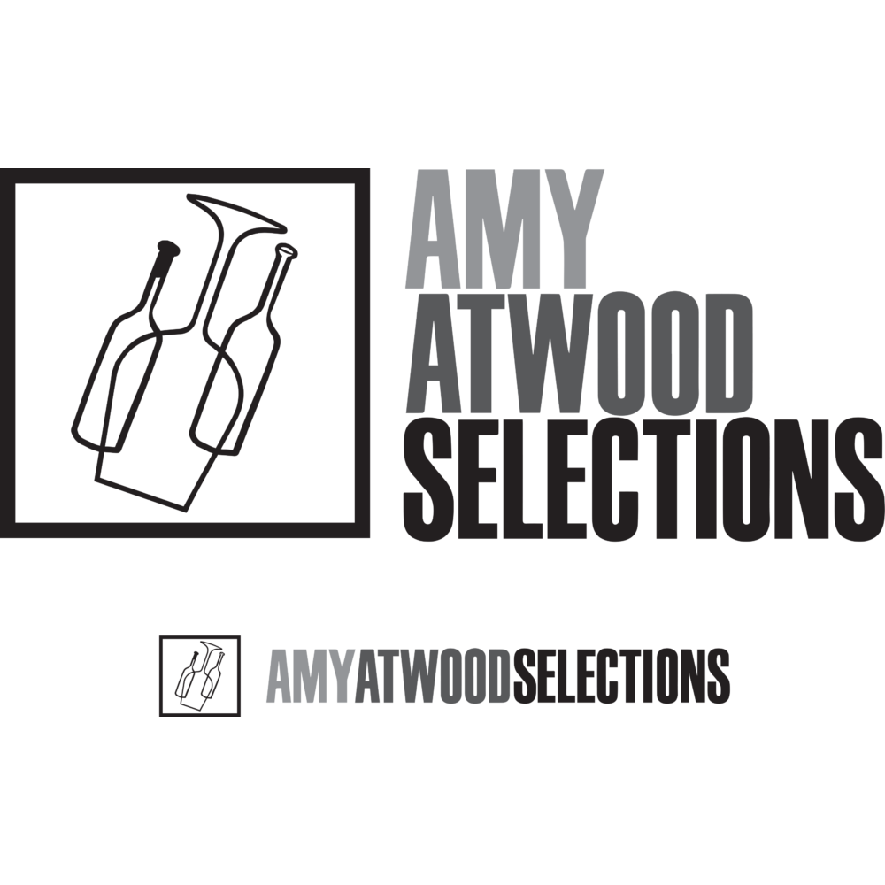 Logo for Amy Atwood Selections featuring a minimalist line illustration of several wine bottles inside a square, with the text ‘AMY ATWOOD SELECTIONS’ in bold, stacked lettering.