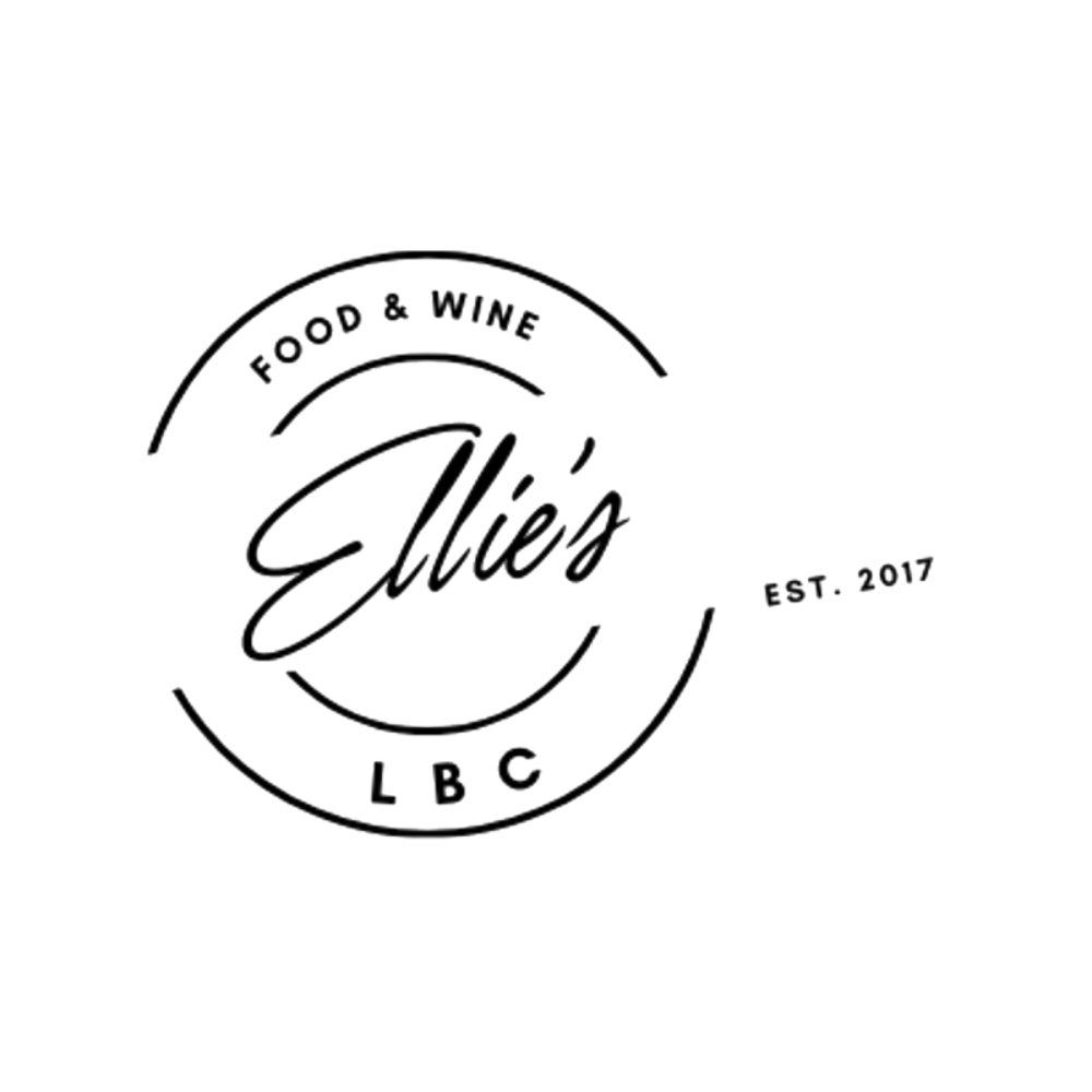 Circular logo reading ‘Ellie’s LBC’ with ‘Food & Wine’ at the top and ‘Est. 2017’ on the side, styled to resemble a wine cork label in black on a light background.