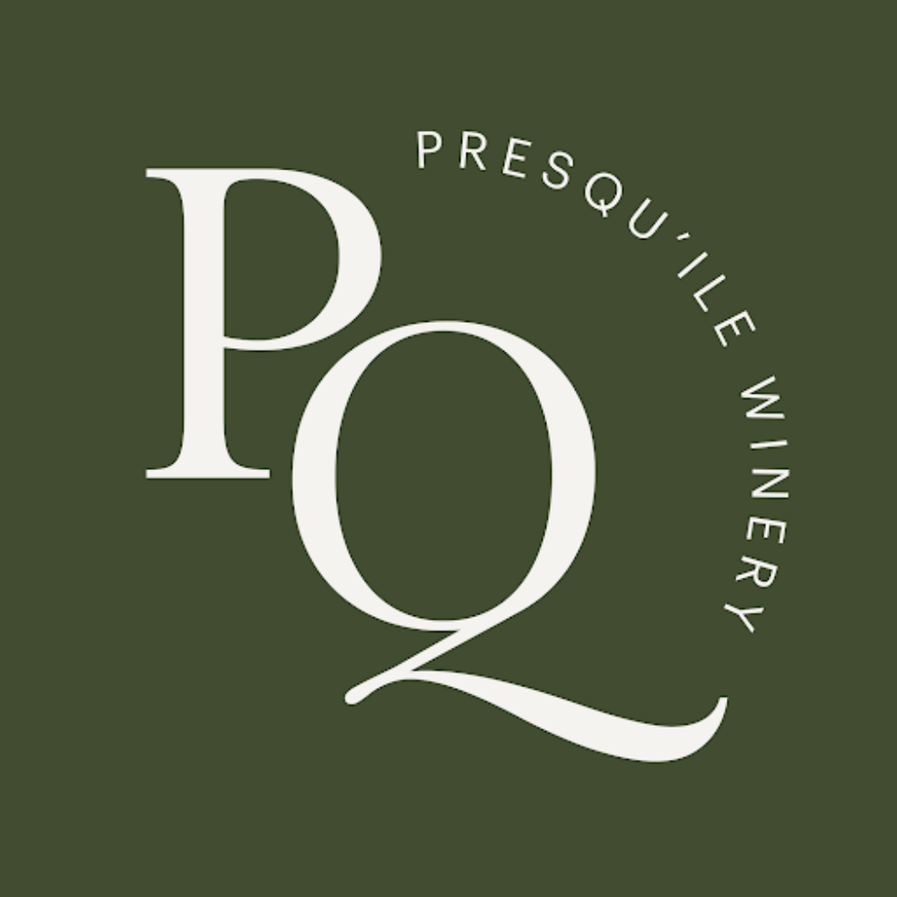Presqu’île Winery logo featuring the letters ‘PQ’ in an elegant serif style, with the words ‘PRESQU’ILE WINERY’ arranged in a curved arc on a dark olive‑green background.