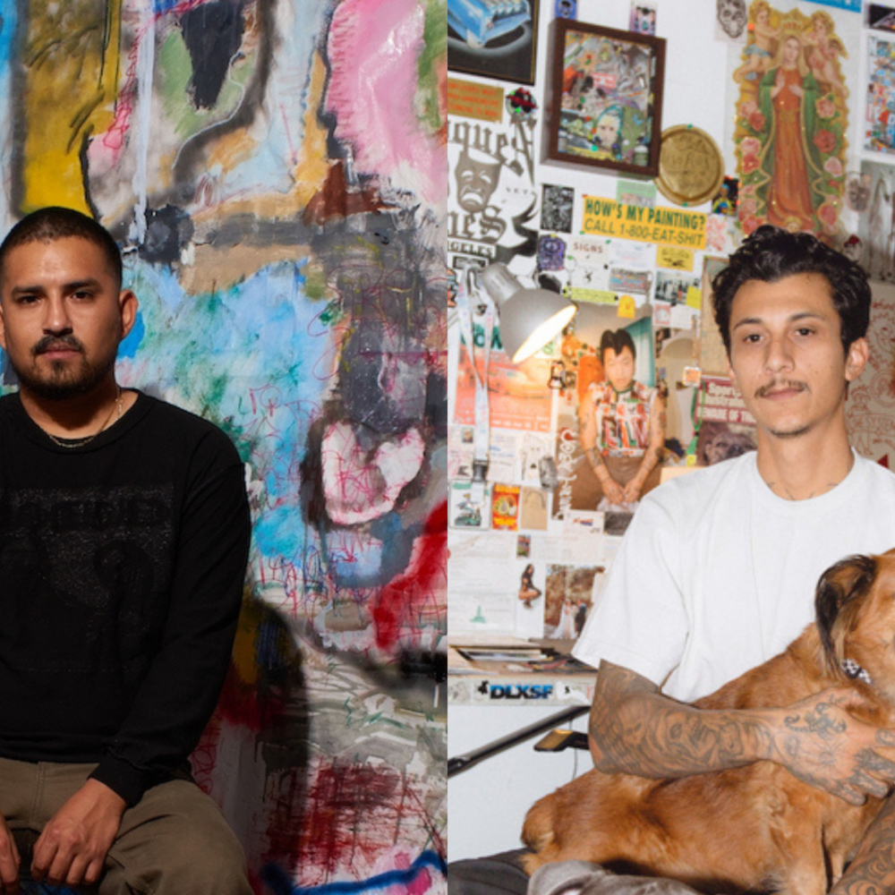 A split portrait of two artists in their studios. On the left, Alfonso Gonzalez Jr. sits in front of a large, colorful abstract painting covered in layered brushstrokes and graffiti-like marks. On the right, Mario Ayala sits in a studio filled with posters, drawings, and personal items on the walls, holding a small brown dog in his lap.