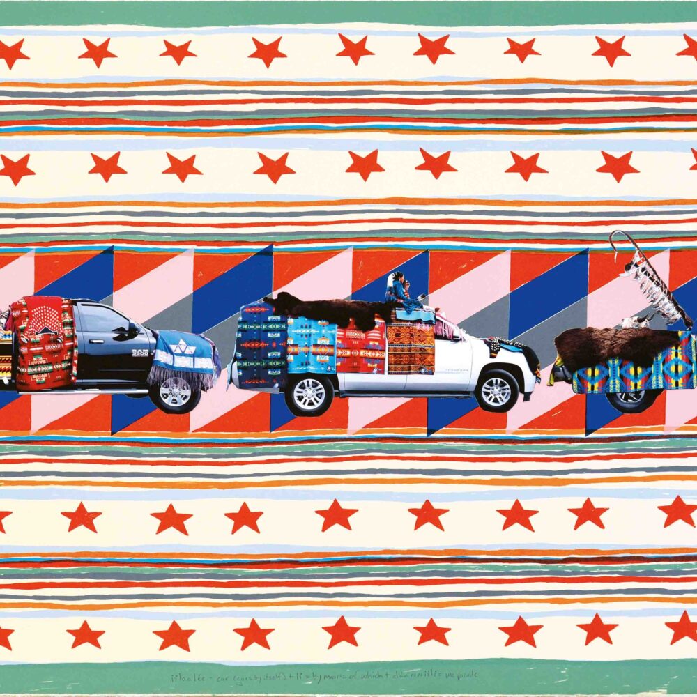 A colorful artwork showing three pickup trucks loaded with assorted goods, set against patterned stripes and rows of red stars