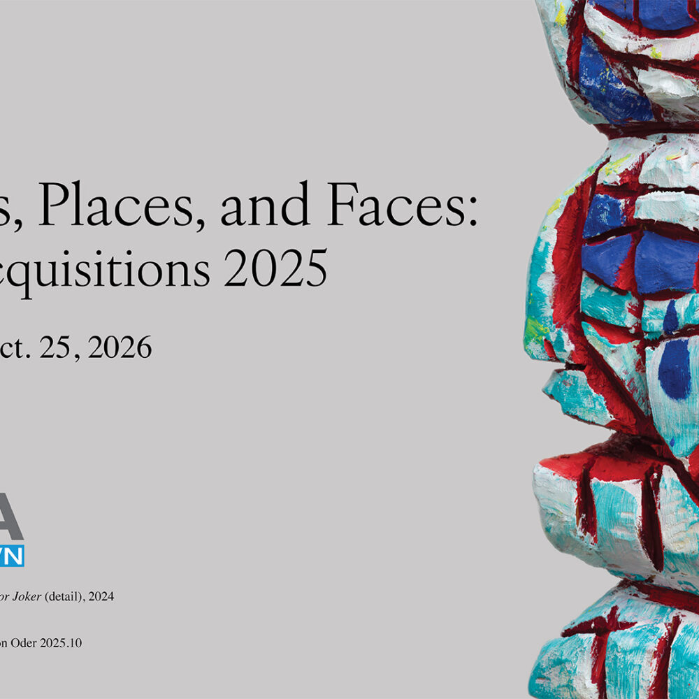 Promotional graphic for the LBMA Downtown exhibition “Shapes, Places, and Faces: New Acquisitions 2025,” running August 22 to October 25, 2026, featuring a colorful abstract carved wooden sculpture with red, blue, white, and turquoise geometric patterns.