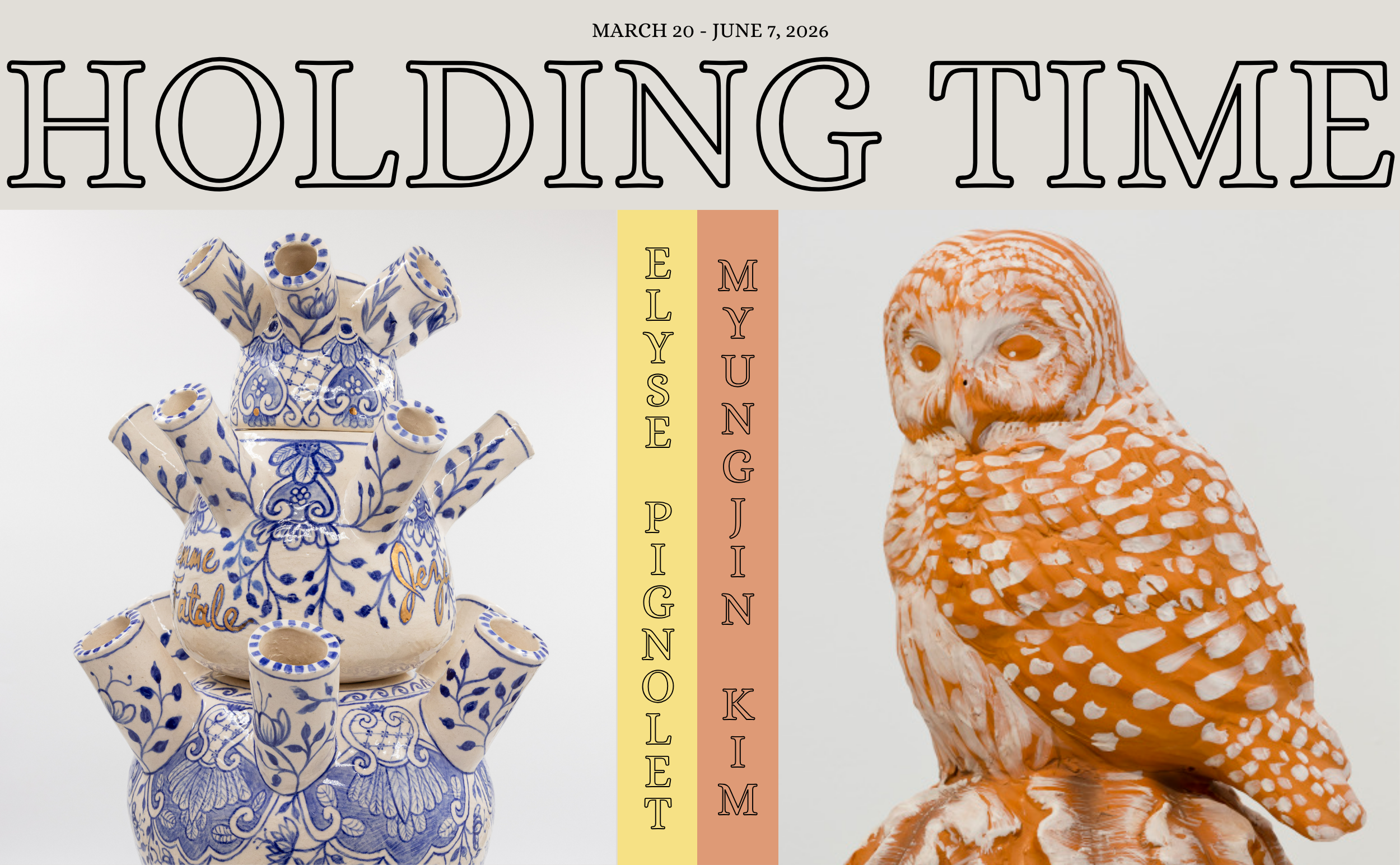 Holding Time: The Works of Elyse Pignolet and MyungJin Kim, March 20-June 7, 2026. White and blue ceramic vase. Terracotta owl with white highlights.