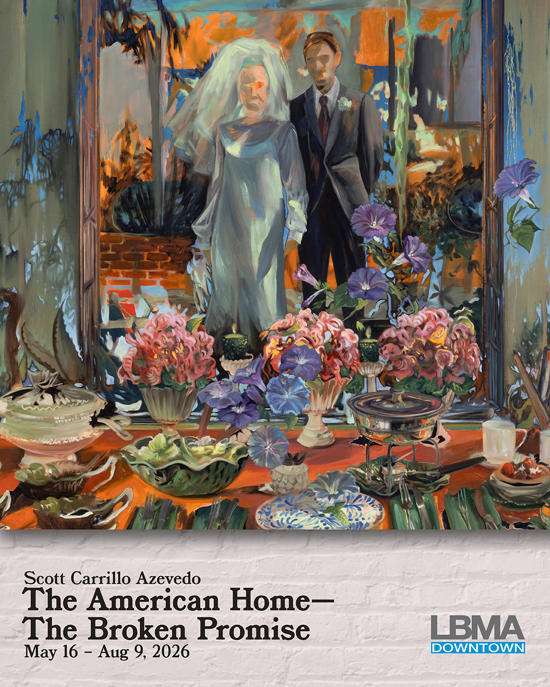 Poster for The American Home—The Broken Promise by Scott Carrillo Azevedo, featuring a painterly interior scene with a woman, a man, and a table filled with flowers and dishes.